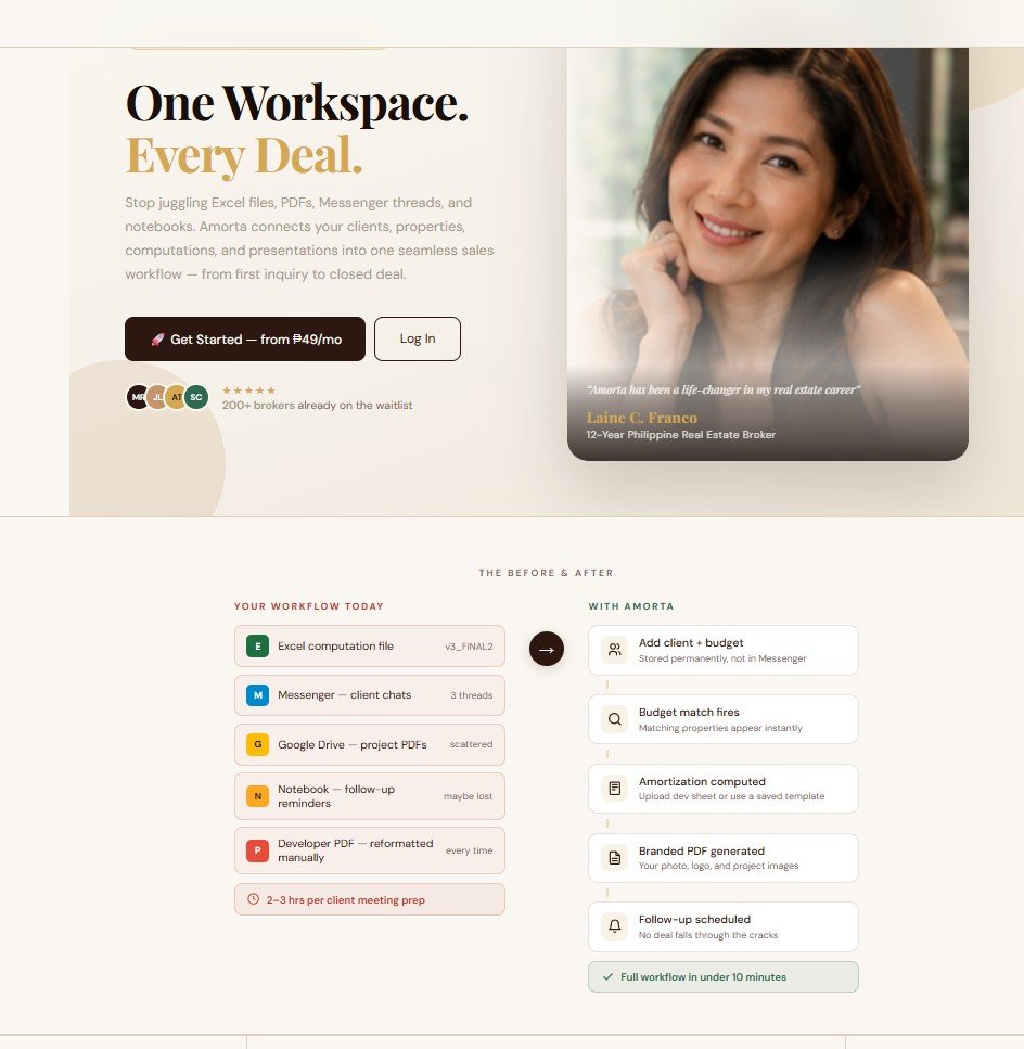 Amorta landing page showing the one-workspace-every-deal hero section