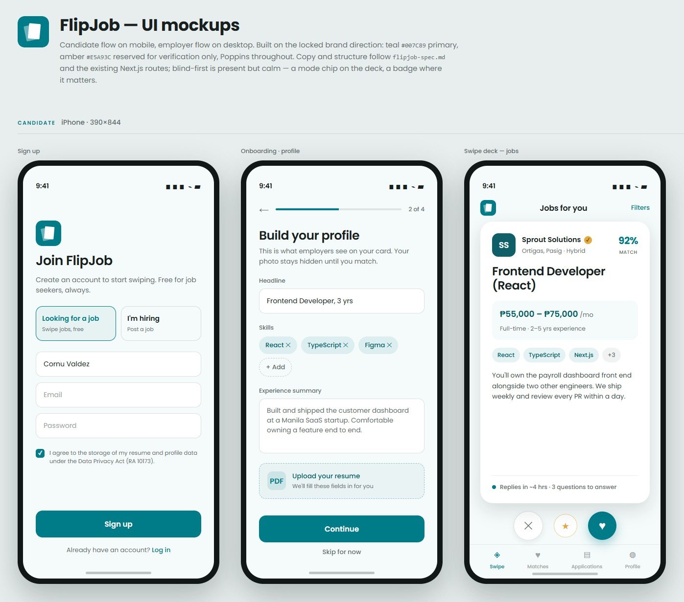 FlipJob UI mockups overview — sign up, build profile, swipe deck