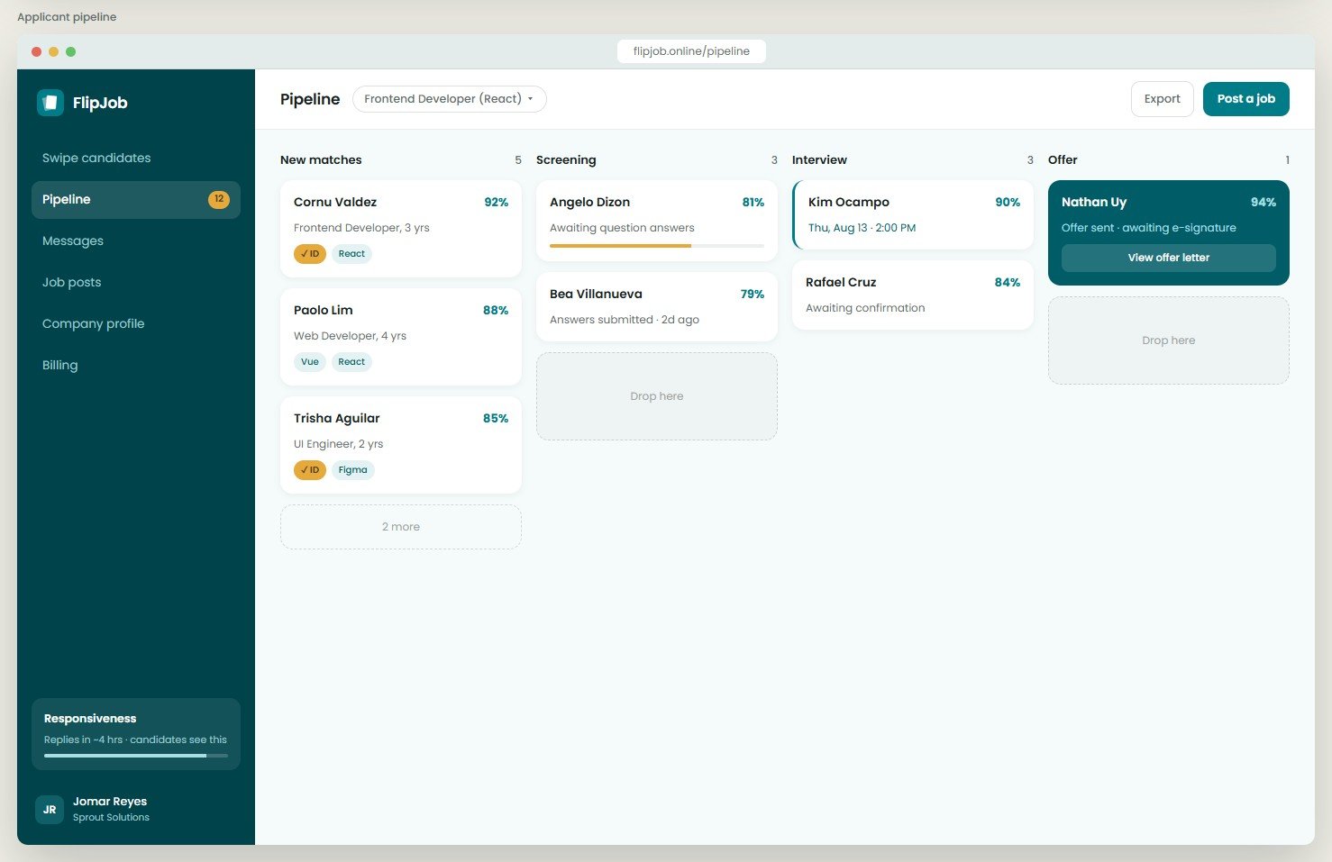 FlipJob applicant pipeline board