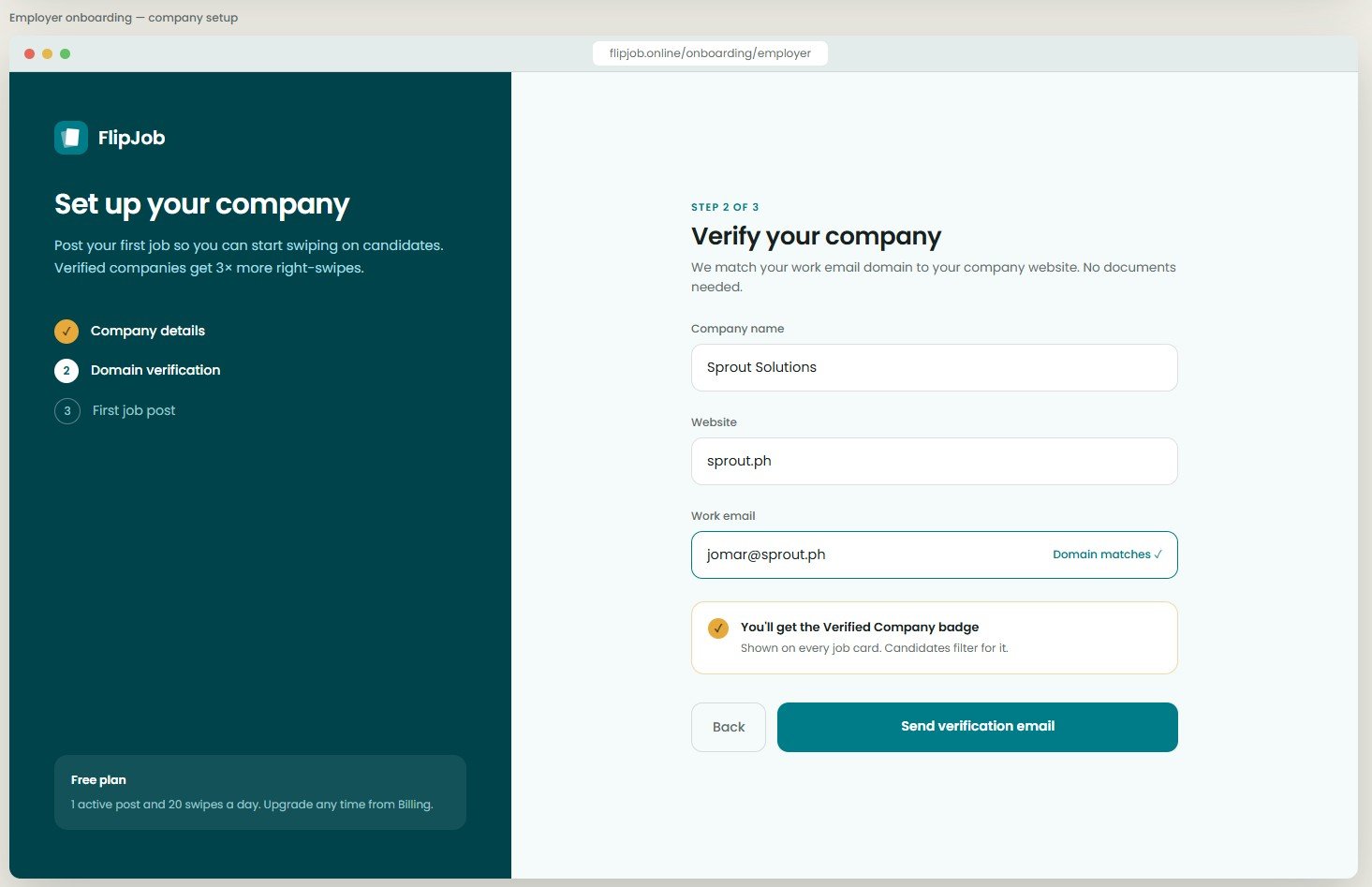 FlipJob employer onboarding and company verification