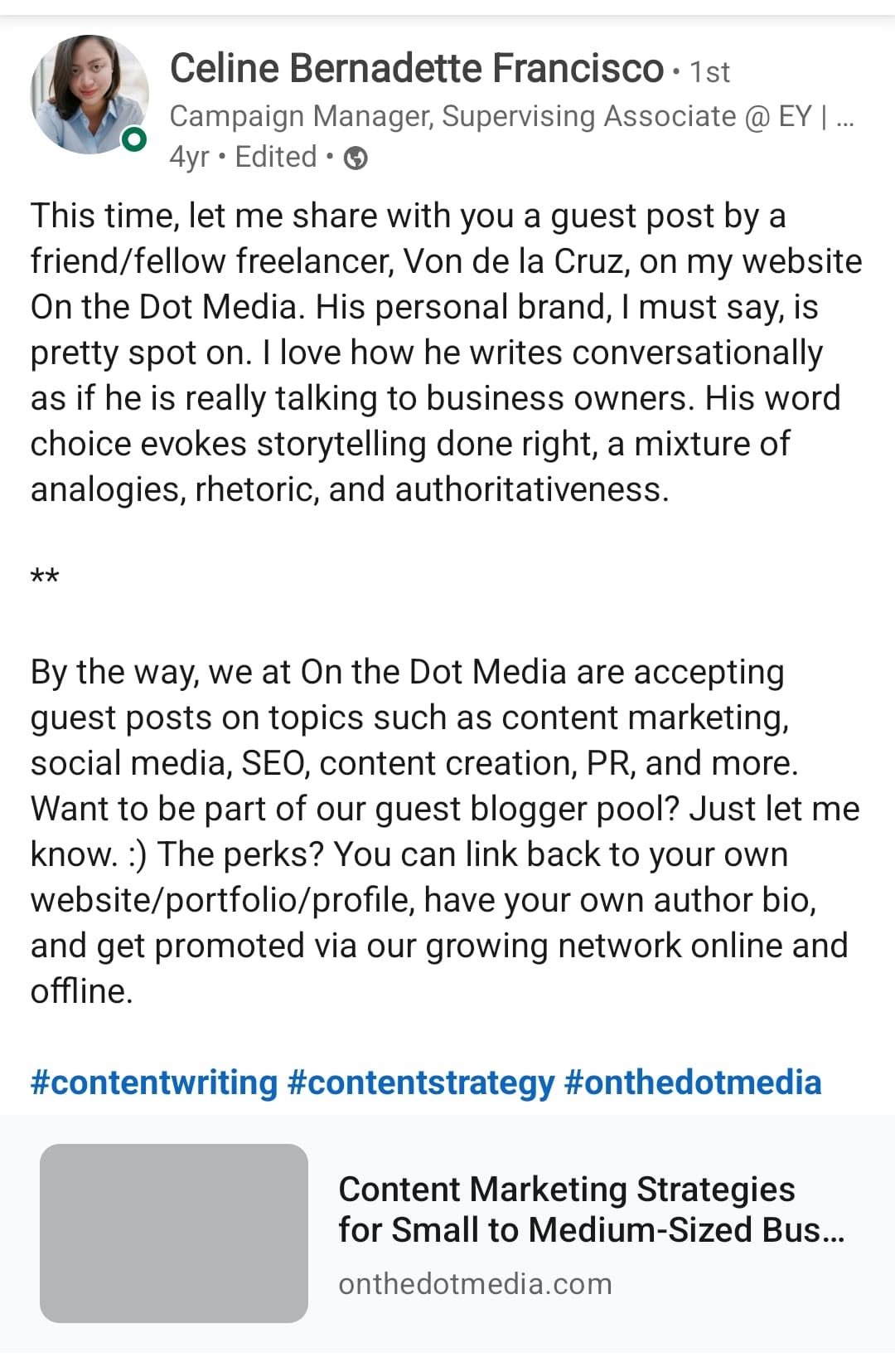 LinkedIn recommendation from Celine Bernadette Francisco