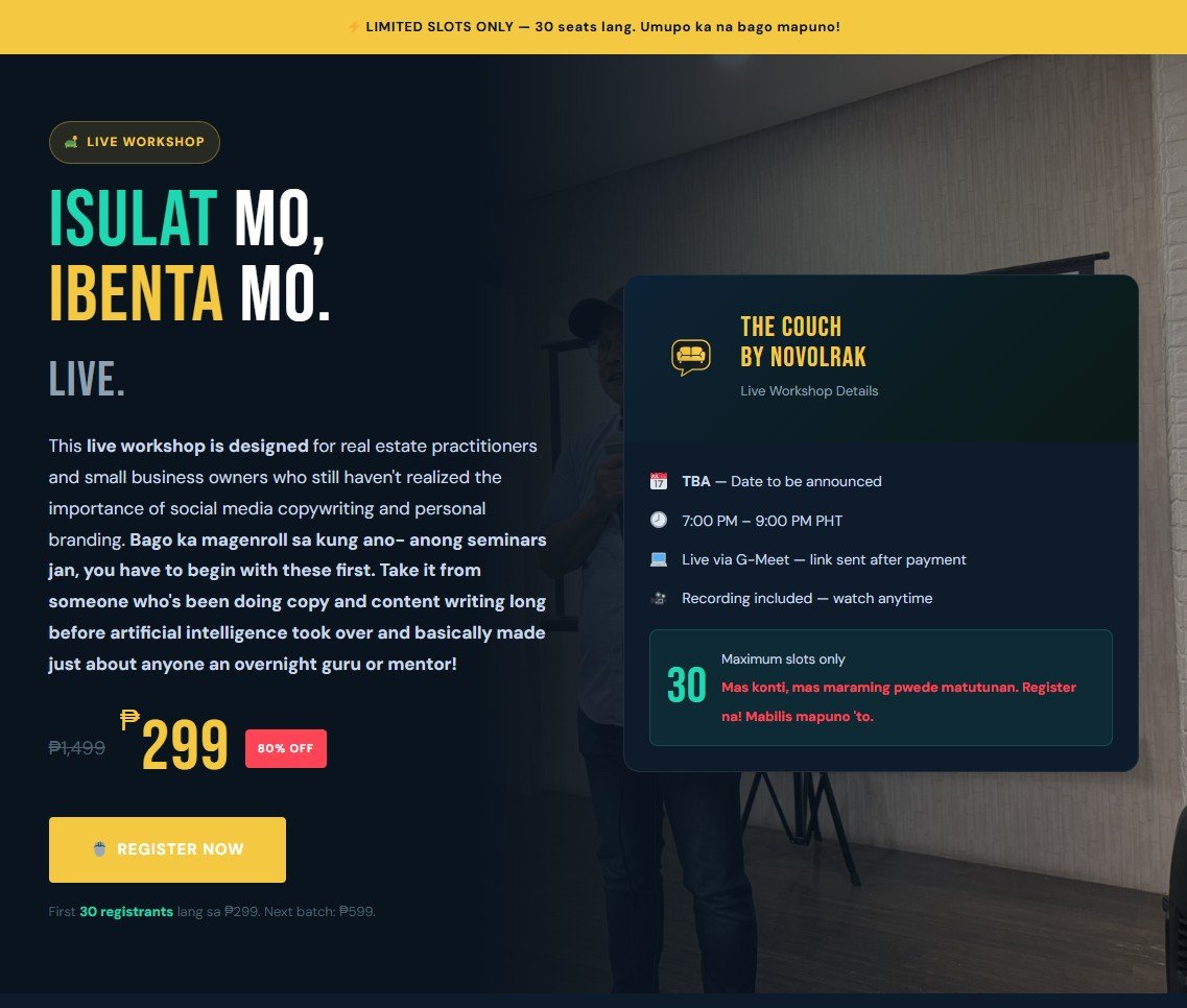 The Couch by Novolrak live workshop landing page
